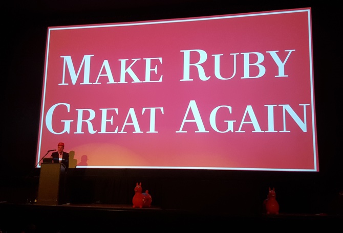 Searls on a stage in front of a slide that reads 'Make Ruby Great Again'