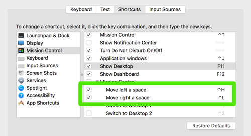 system shortcuts highlighting space switching
