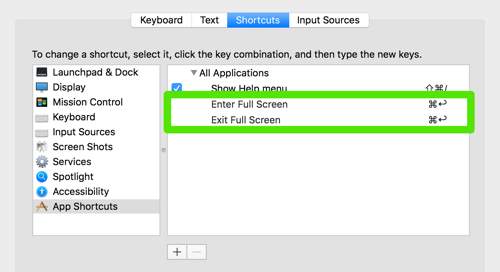 app shortcuts highlighting enter and exit full screen